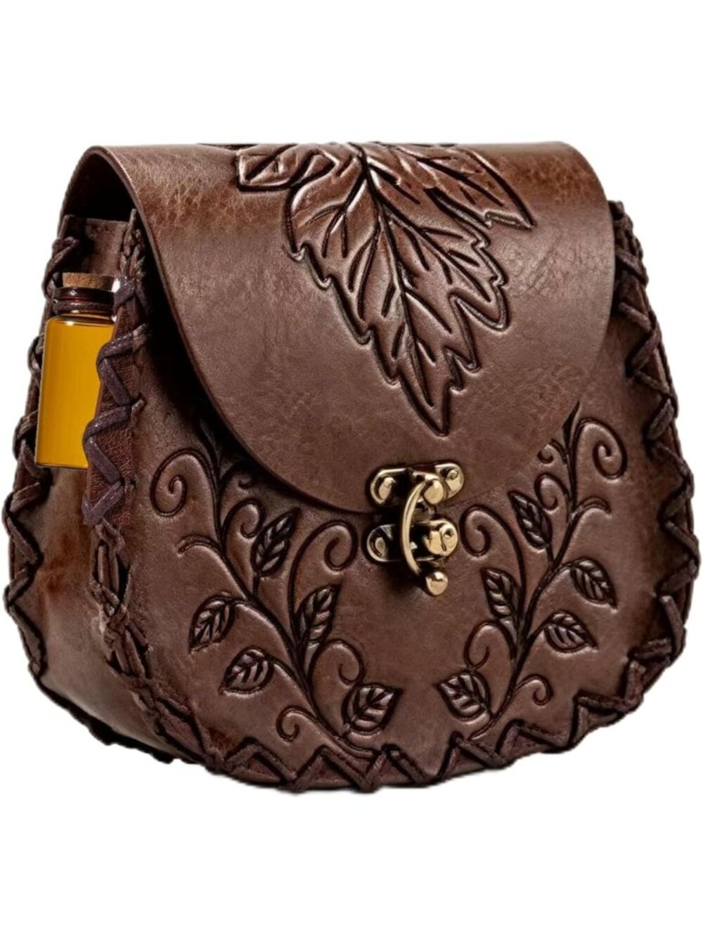 Medieval Leaf Embossed Leather Belt Pouch & Potion Bottle for LARP Cosplay